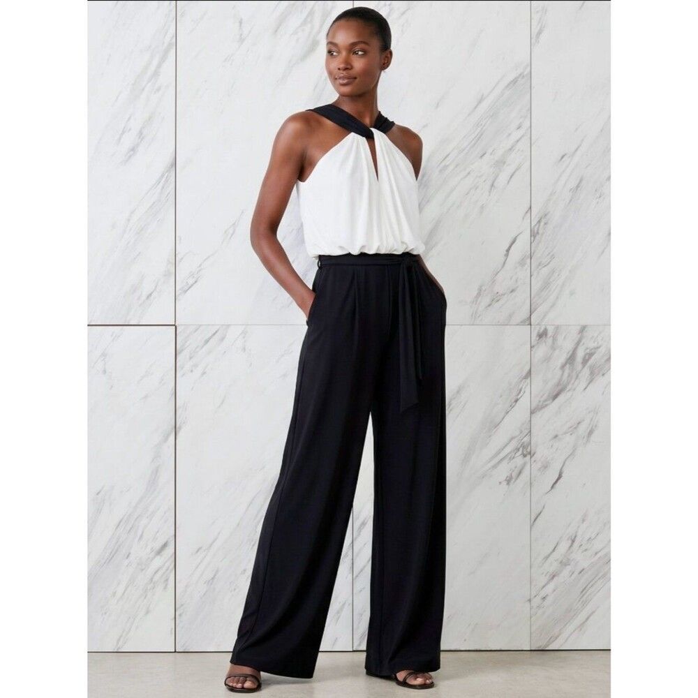 NWT Cynthia Rowley Draped Jersey Halter Wide Leg Jumpsuit Womens 4 Colorblock